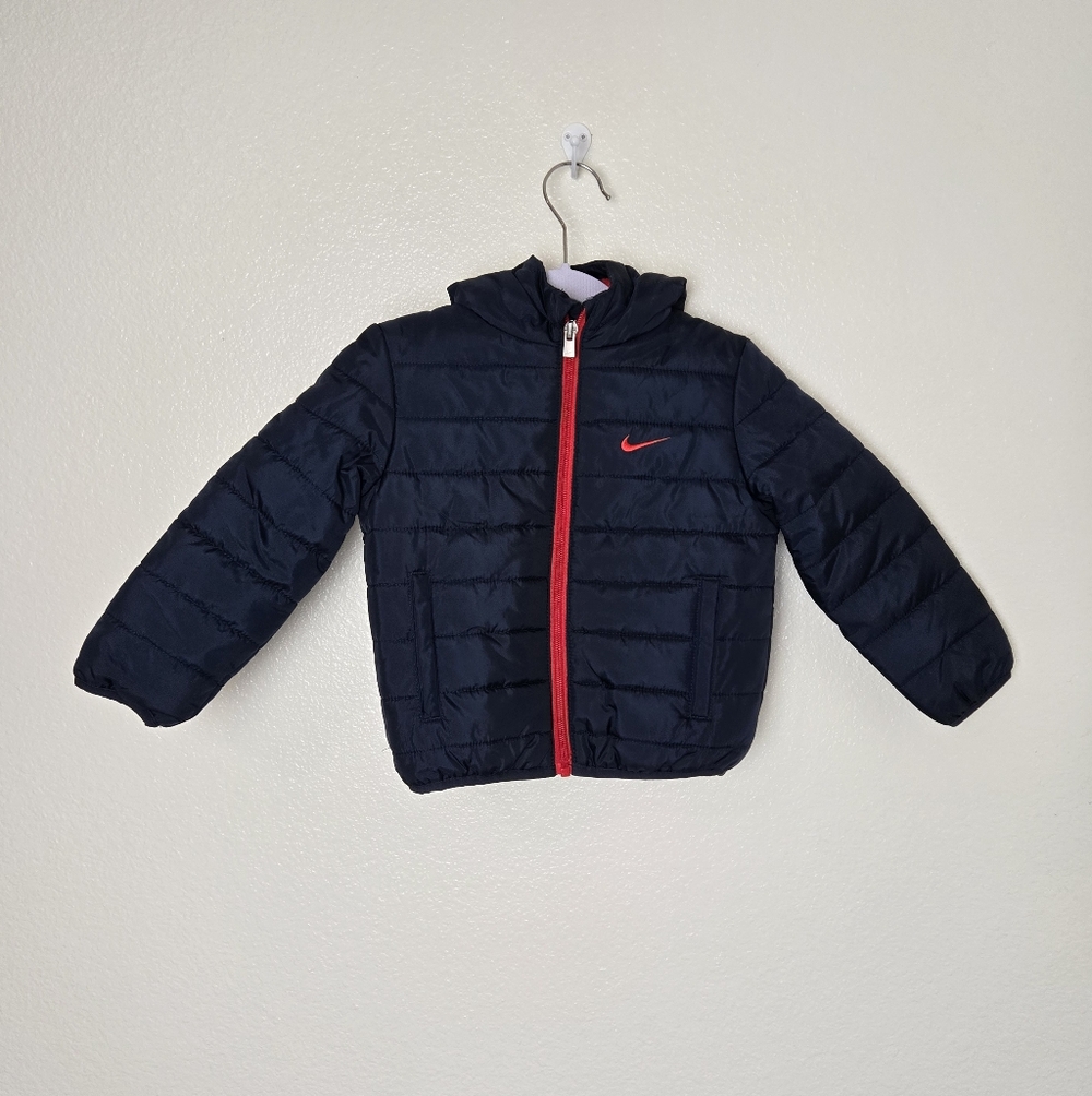 Nike Toddler Boys Puffer Hooded‎ Jacket Size 2T Full Zip Navy &  Red